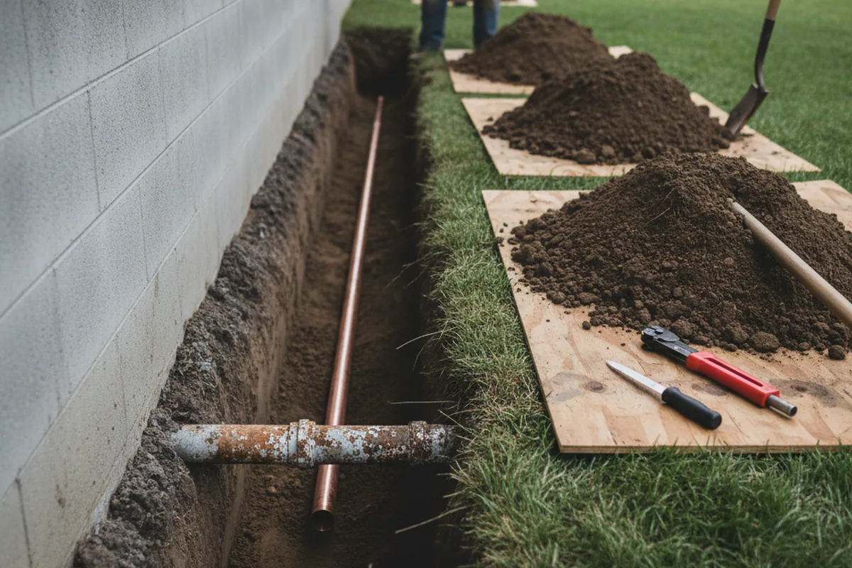 Excavated water line trench during Water Softener Installation in Thousandsticks
